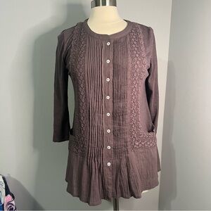 Logo Lavish Lori Goldstein XXS Smoky Taupe Slub Knit Top w/ Swiss Dot and Lace